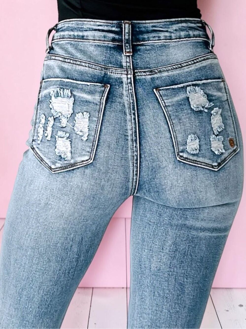 Indigo Reign High Rise Button Fly Distressed Flare Jeans Med Wash Stretch Denim - Picture 9 of 14